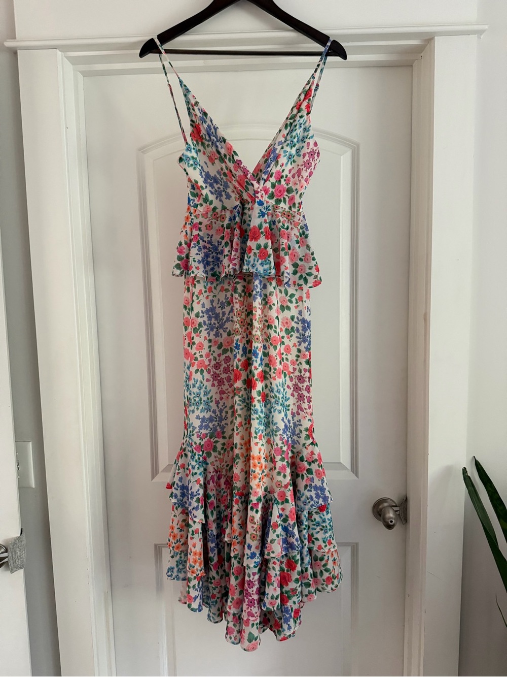 Yumi Kim Floral Tiered Maxi Dress in White with Pink, Blue & Orange Flowers